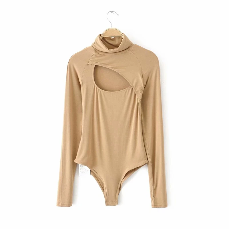 Front Hollow Out Women Long Sleeve Skinny Solid Bodysuits Women American Street Wear Solid Long Sleeve Solid Bodysuits