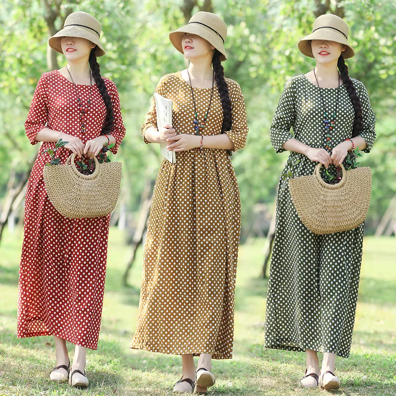 

2019 Women Summer Vintage Ethnic Cotton Linen Polka Dot A-line Robe Dress Vestidos Sundress
