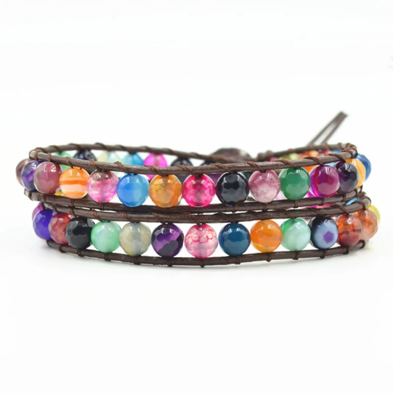 

Vintage Multilayer Natural Stone Bracelet Colorful Crystal Charm Strands Leather Rope Wrap Bracelets Handmade Boho Jewelry