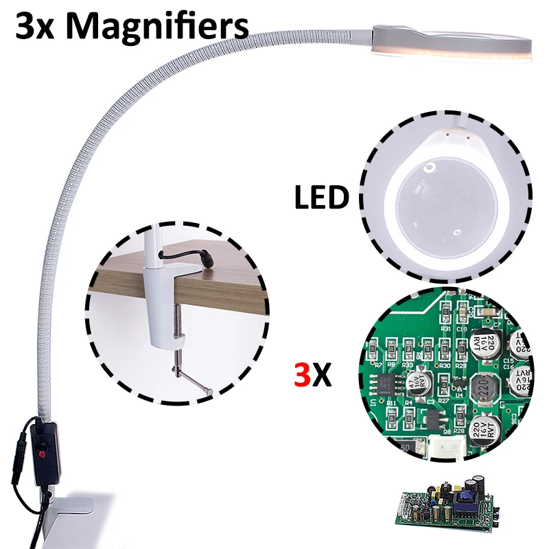 

3X Desk Clip-on Magnifying glasses with led light phone screen magnifier 3d magnification monocular binoculars for soldering