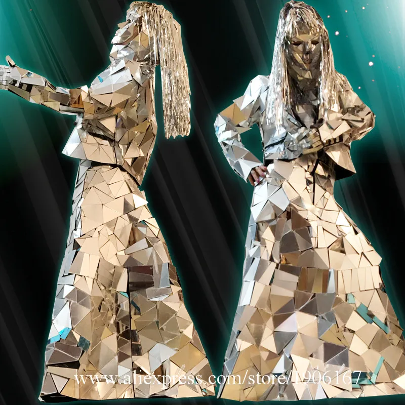 Hand sewing COS nightclub ds performance art set silver mirror face clothes irregular lens stitching dress0