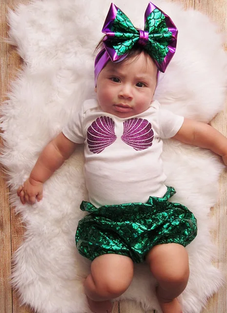 Roupas para bebês recém-nascidos meninas mermaid scallop impressão camiseta  + calças + faixa de cabeça 3 peças roupa infantil conjunto de roupas  infantis - AliExpress