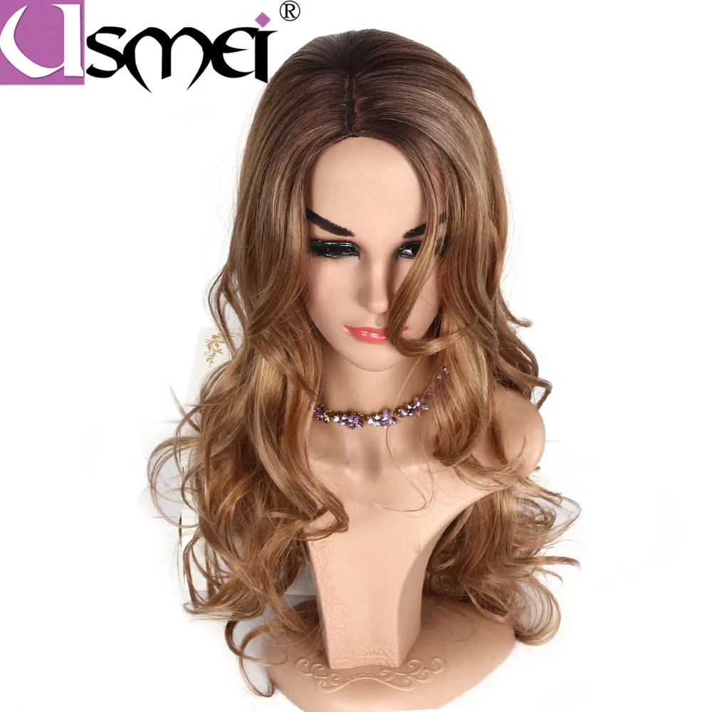 USMEI 30" Long Body Wavy Cosplay Wigs Fake hair Mixed Brown Women Wig