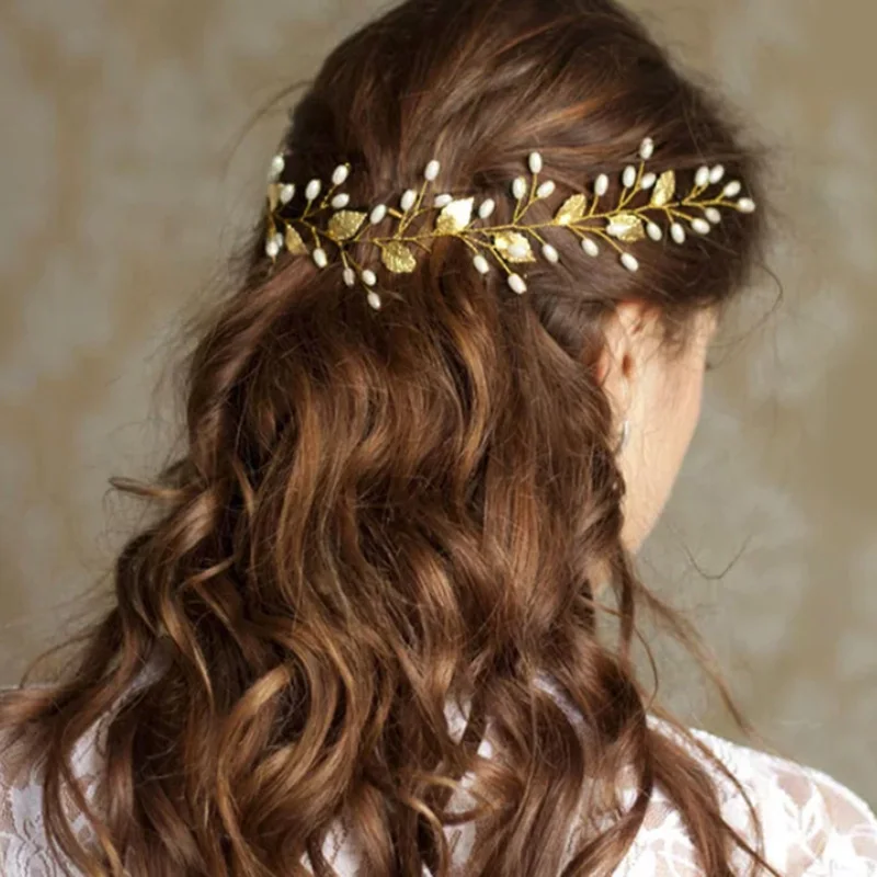 

Wedding Hair Jewelry Gold Leaf Hair Accessories Bridal Headband Leaves Pearl Hair Ornaments for Women Baroque Golden Girls Chain