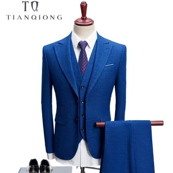 

TIAN QIONG 2018 3 Pieces Suit Men Plaid Korean Style S-4XL Blue/navy Blue Groom Wedding Dress Suit Costume Homme Ternos Slim Fit