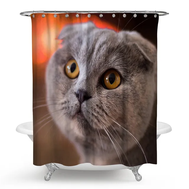 Shower Curtain Cat Decor Tuxedo Gray Scottish Fold Red White Dots Tie