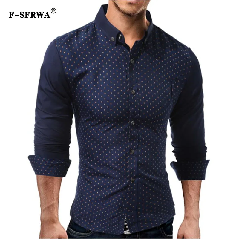 F-SFRWA 2019 Brand Dress Shirts Mens Polka Dot Stitching Shirt Slim Fit Male Long sleeve Heren Hemden shirt XXL | Мужская одежда