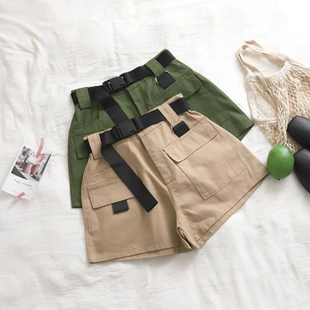

Summer Women Shorts High Waist Sashes Belt Pockets Short Pants Style Plus Size Casual Army Green Femme Faldas Mujer