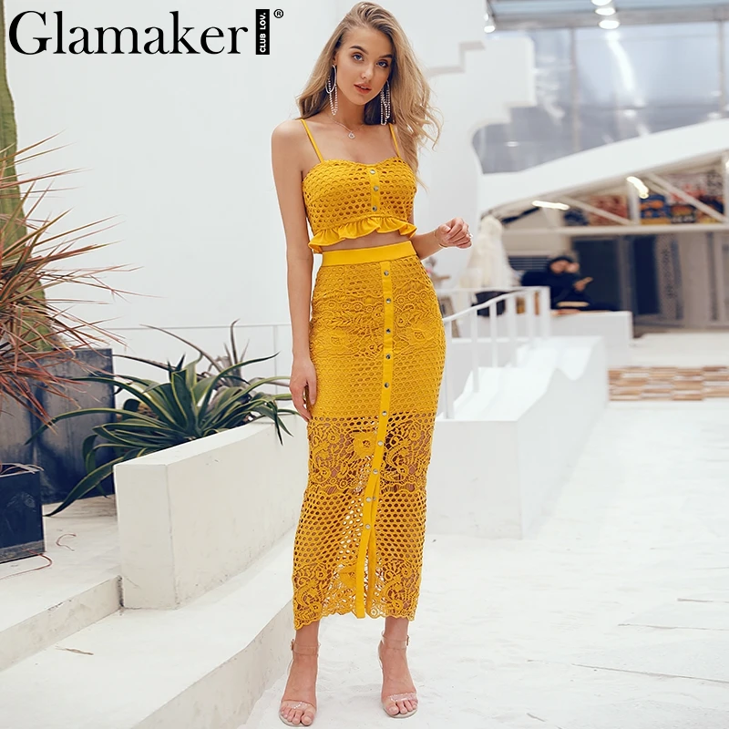 Glamaker مثير الجوف خارج سبليت اثنين من قطعة دعوى فستان طويل النساء كشكش أزرار الصيف الشاطئ اللباس bodycon الأبيض الدانتيل حزب اللباس Glamaker مثير الجوف خارج سبليت اثنين من قطعة دعوى فستان طويل النساء كشكش أزرار الصيف الشاطئ اللباس bodycon الأبيض الدانتيل حزب اللباس