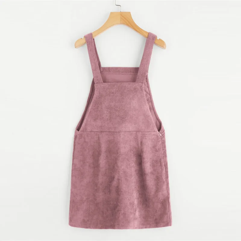 Dotfashion Bib Pocket Front Overall Short Dress 2018 Pink Zip Button Pinafore Shift Dress Female Sleeveless Plain Dress 24