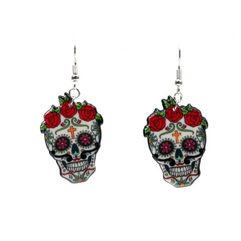 

2018 New Fashion Sugar Skull Drop Earrings Red Rose Flower Big Acrylic Women Punk Party Earrings Skeleton Jewelry wholesale