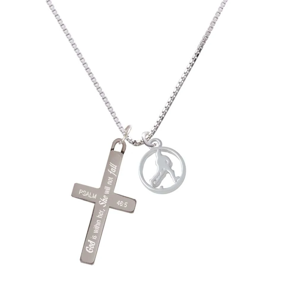 Field Hockey Player Silhouette in 1/2'' Disc - She will not Fall - Cross Necklace