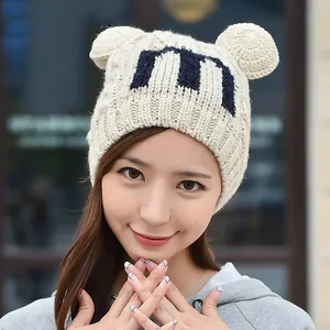 BomHCS Cute Letter "M" Fashion Women's Winter Warm Cat Ear Beanie 100% Handmade Knitted Hat Ski Cap