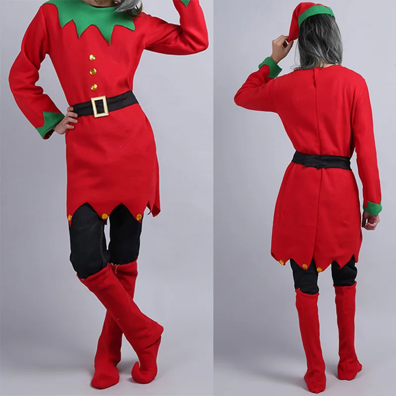 TiaoBug женский Рождественский костюм платье с длинными рукавами и шляпой, ремень, обувь, комплект для взрослых, Женский эльфийский костюм, Рождество, косплей, вечерние платья