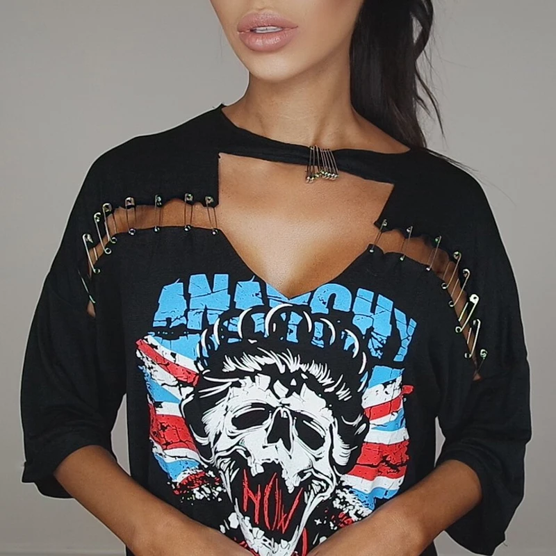 Women Sexy V-neck Punk Long T Shirt Tops 2017 New Style Skeleton Pin Street Rock T-shirt Casual Tshirt Tumblr