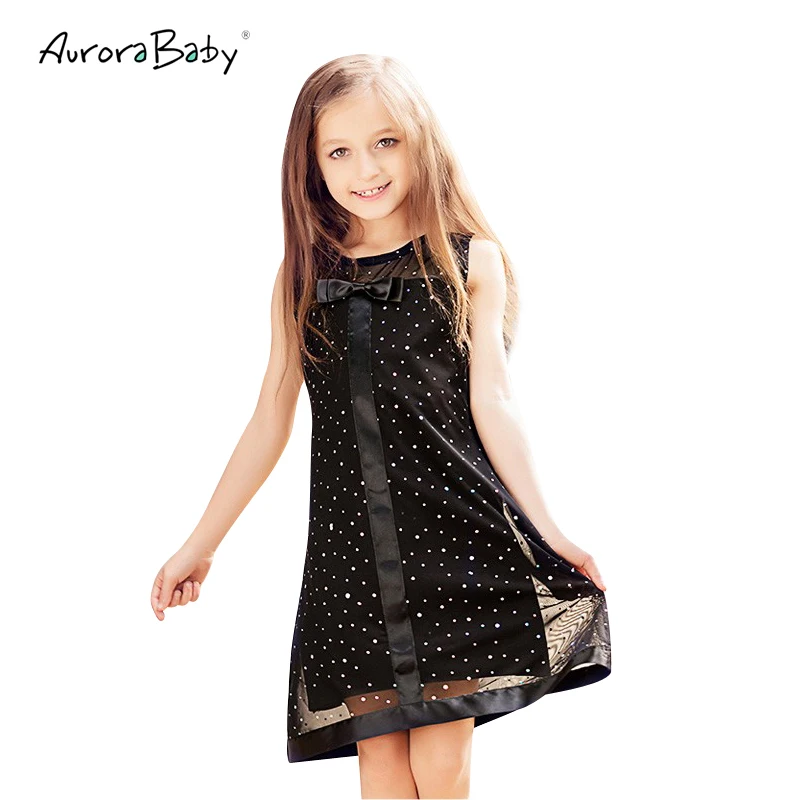 Prix AuroraBaby Filles Robes Noir Mignon Bowknot Paillettes Décoration Robe Pour L été Automne Enfants Enfants Vêtements de taille 6 16 t Partie