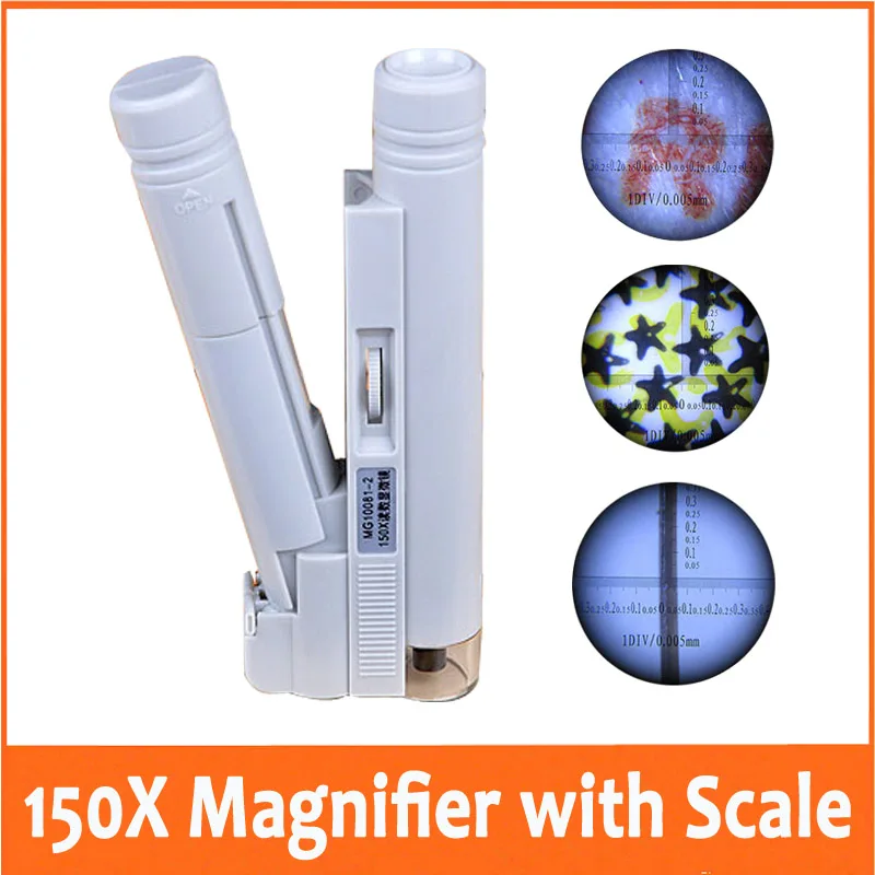 

150x LED Illuminated Focus Adjustable Zoom Pocket Microscope Handheld Magnifier Foldable Loupe with Reading Scale 1DIV / 0.005mm