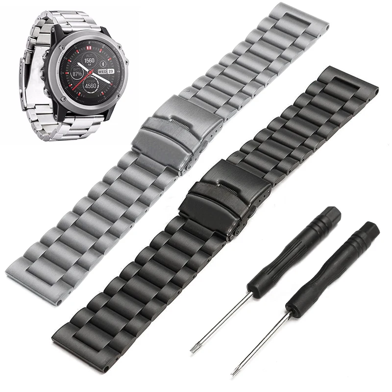 Black Silver Stainless Steel Replacement Wrist Band Sport Safety Wrist Support Wristband Strap for Garmin Fenix 3/3 HR with Tool