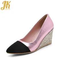 J&K 2017 Big Size 33-43 Brand Women’s Shoes Casual Wedges Heel Pumps Spring Shallow Pointed toe Shoes Woman Color Patch Pumps