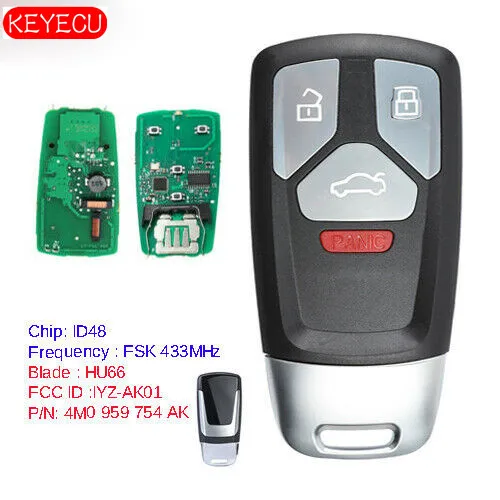 Keyecu умный дистанционный ключ 3 кнопки Fob FSK 433 МГц для Audi A4 A5 Q7 SQ5 TT 2017-2019-4M0 959 754 AK/AQ/AF |