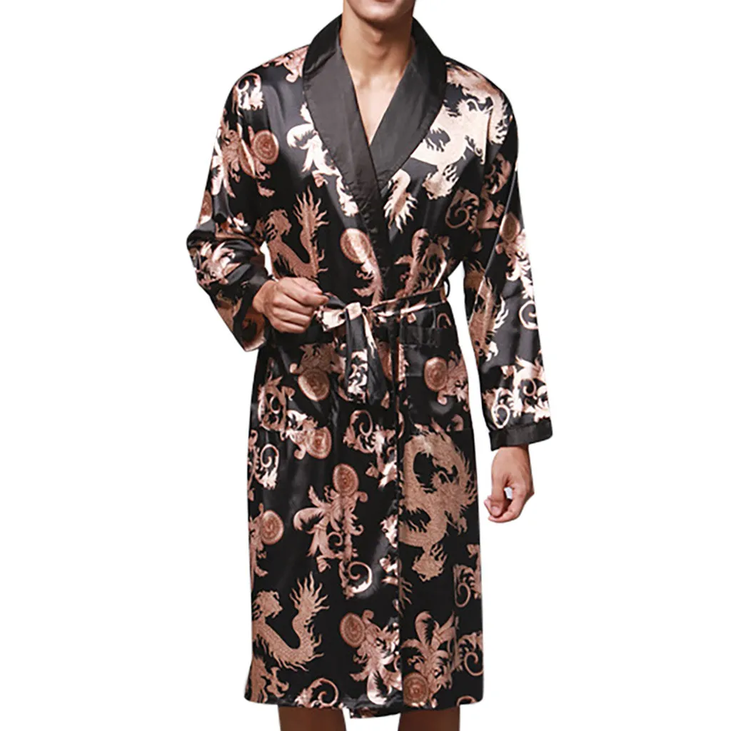 

Men Mens Robe Long Sleeves Bathrobe Silk Kimono Print Pajamas Bathrobe Night Dressing Gown #2