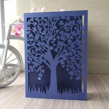 

50Pcs/lot Romantic Wedding Invitation Card Delicate Carved Dark Blue Small Tree l Pattern Hollow out Wedding Party Cards