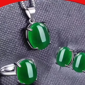 

Fidelity Natural 10*12mm green Chalcedony s925 sterling silver ring earrings Pendant fine jewelry sets women natural gemstone