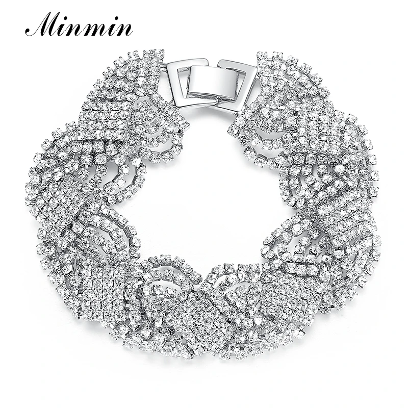 Minmin Gold/Silver Color Tassel Bracelets for Women Clear Crystal Wedding Bridal Jewelry African Beads Bangles Party Gift SL076