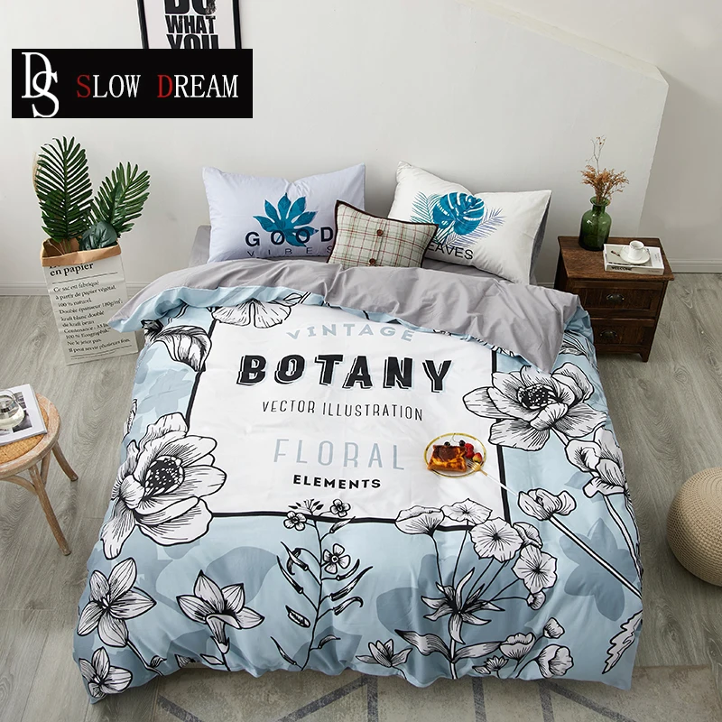 

SLOWDREAM Botany Flower Bedding Set Bedspread Soft Blue Double Cover Set Flat Sheet Decor Home Textiles Bedclothes Bed Linens