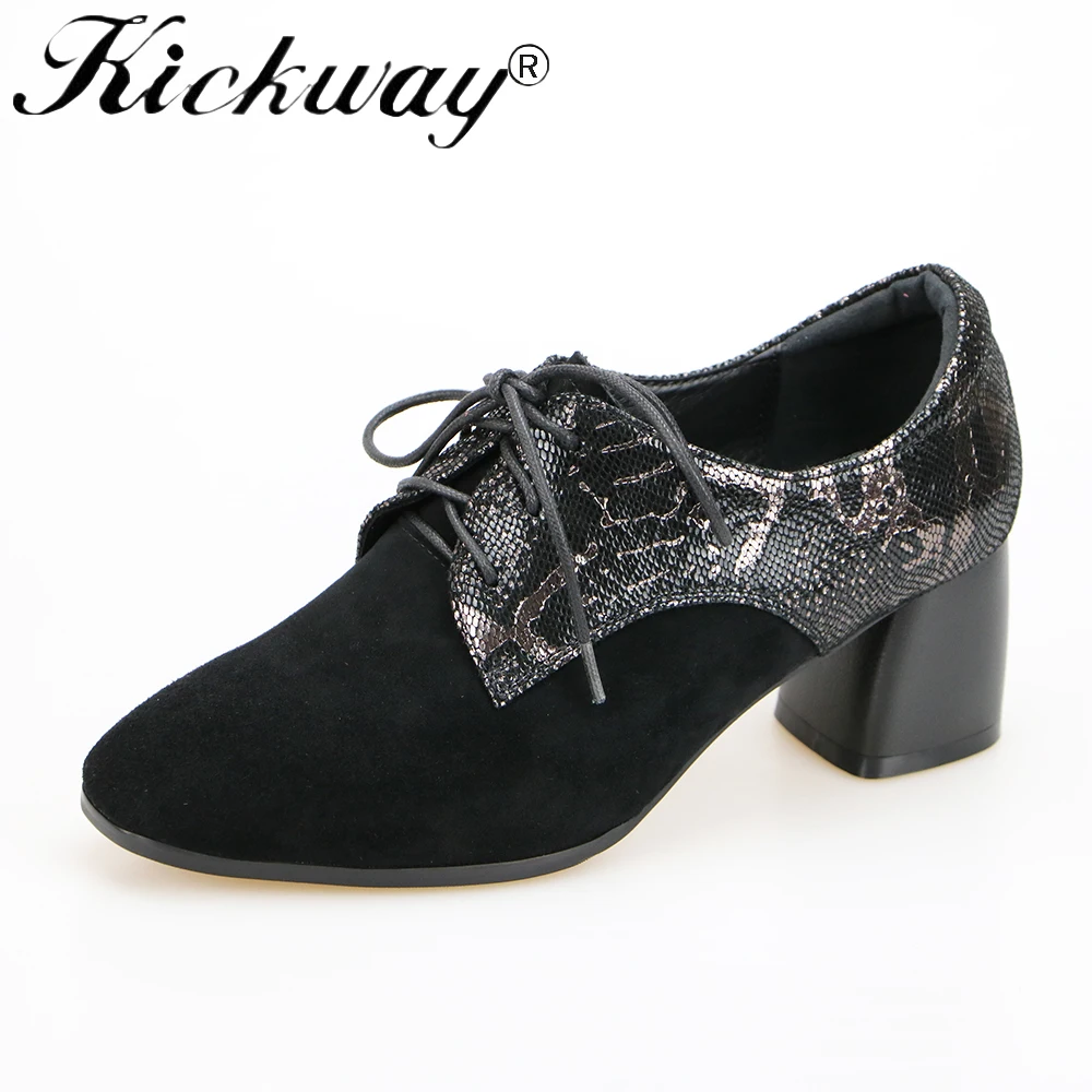

Kickway women shoes mid heel pumps zapatos mujer plus size kid suede med heel lace up dress shoes women round toe fashion shoes
