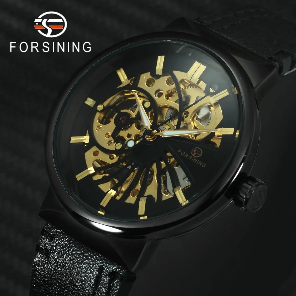 

FORSINING Top Brand Luxury Vogue Casual Mechanical Wrist Watch Black Leather Strap Skeleton Creative Dial Automatic Watches Men
