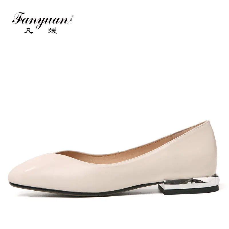 

Fanyuan women's genuine leather Solid color low heels Retro pumps brand designer square toe OL style comfort ladies heels shoes