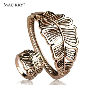 

Madrry Exaggerated Leaf Jewelry Sets Bangle&Rings For Women Man Antique Gold color Wrist Braccialetto Party Wide Aros Bijoux