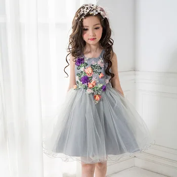 

New Arrival Tulle Gray Flower Fashion Princess Girl Dress Baptism Party Wedding Birthday Gown Kids tutu Dress