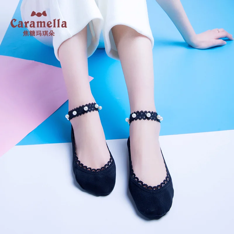 

Caramella 2019 Hot Sale Sexy Lace Women Socks Mesh Elasticity Ankle Cute Thin Women Cool Boat Socks Pearl White Girls Socks