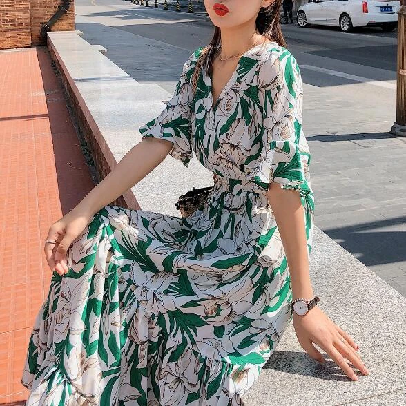 Vestido de nuevos vestidos largos de Chifón estampado Floral verde para mujer de moda - AliExpress