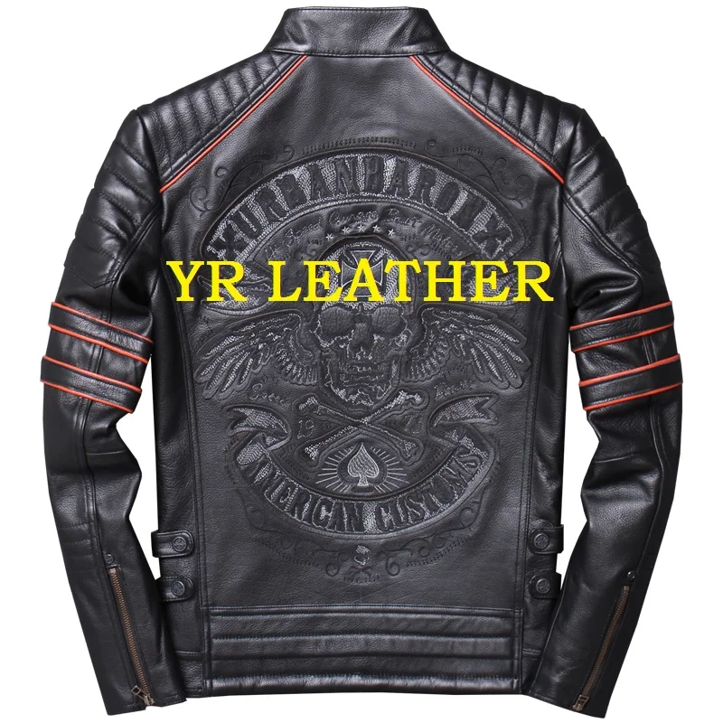 

YR!Free shipping.Wholesales.fashion Hot motor biker genuine leather jacket.skull embroidery cowhide coat.plus size slim jackets