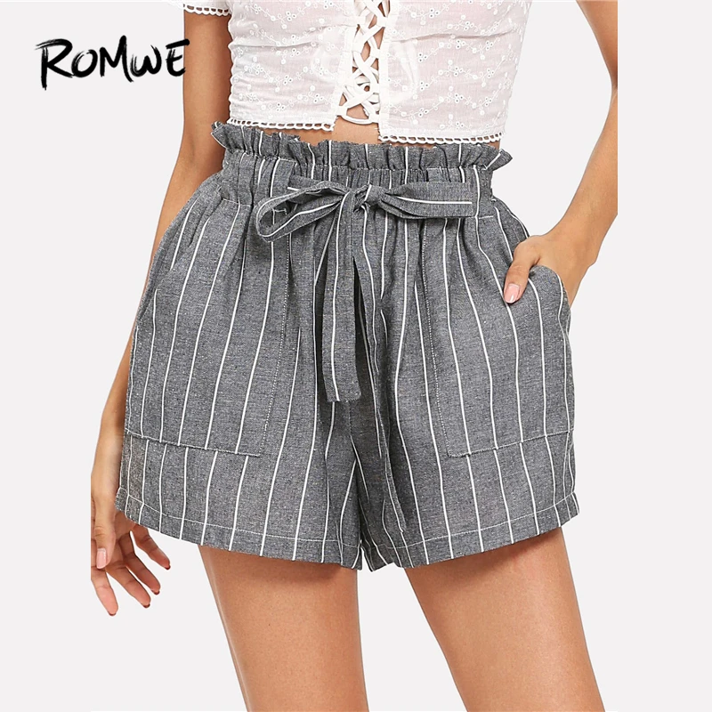 

ROMWE Self Tie Waist Striped Shorts Women Elastic Waist Shorts 2019 New Korean Style Grey Fitness Mid Waist Summer Belted Shorts