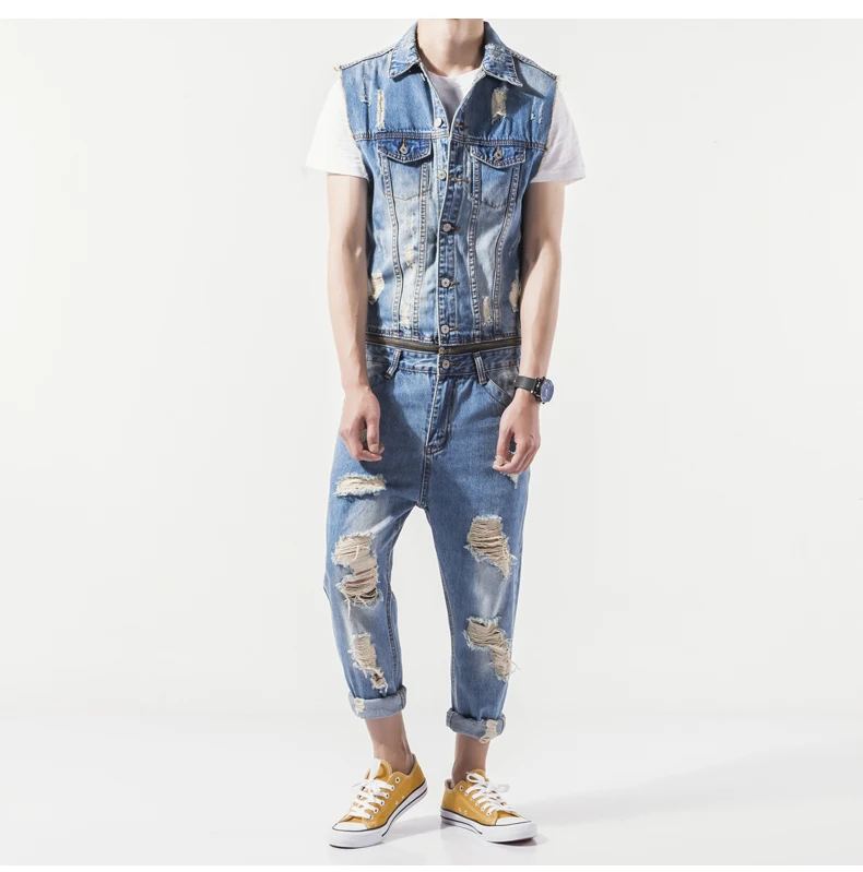 Helisopus Street Hiphop Ripped Cowboy men's Denim Overalls Men Casual