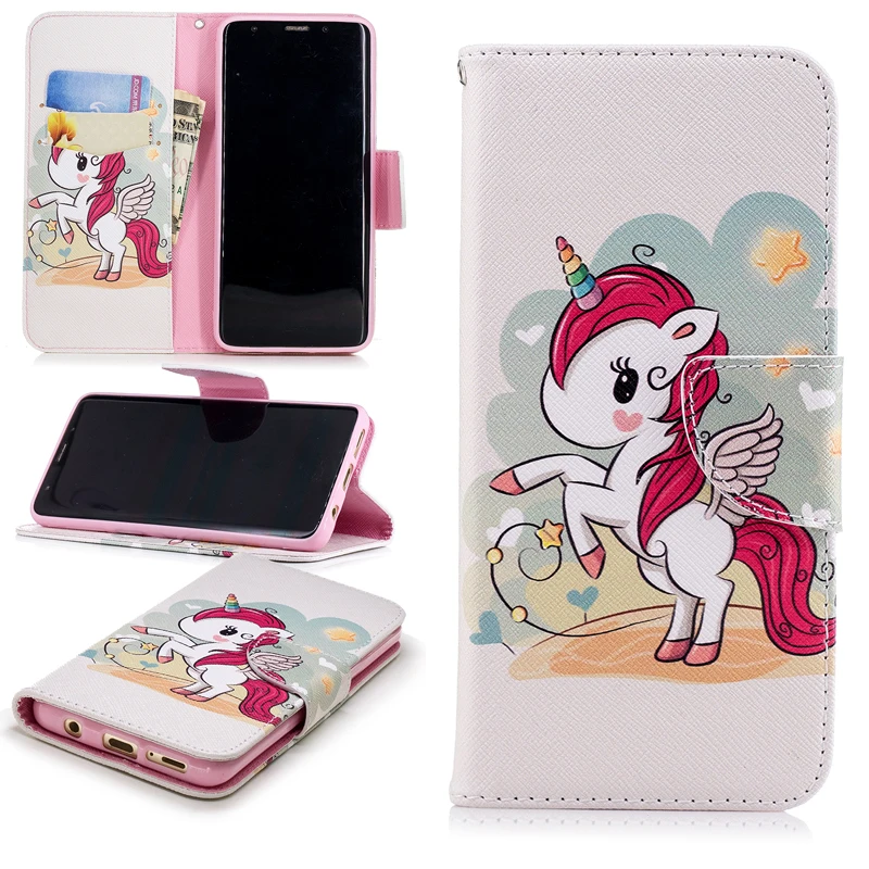 

New Flip Colored Drawing PU Leather Cases with Kickstand for Samsung Galaxy S9 G9600 Mobile Phone Cases with Wallet Card Holders