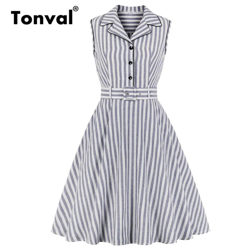 

Tonval Grey and White Striped Notched Collar Casual Shirt Dress Women Summer Button Up Office Lady Dress Vintage Swing Dresses
