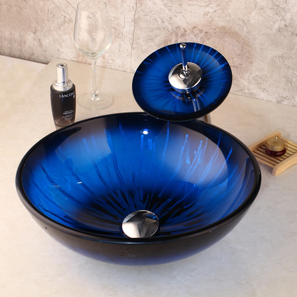 YANKSMART синий круглый закаленный стеклянный сосуд смеситель для раковины на бортике смеситель для раковины с водопадом кран с всплывающим сливом