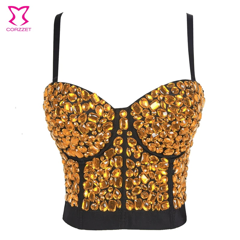 Gold Crystal Diamonds Burlesque Brassiere Push Up Bra Women Bralette