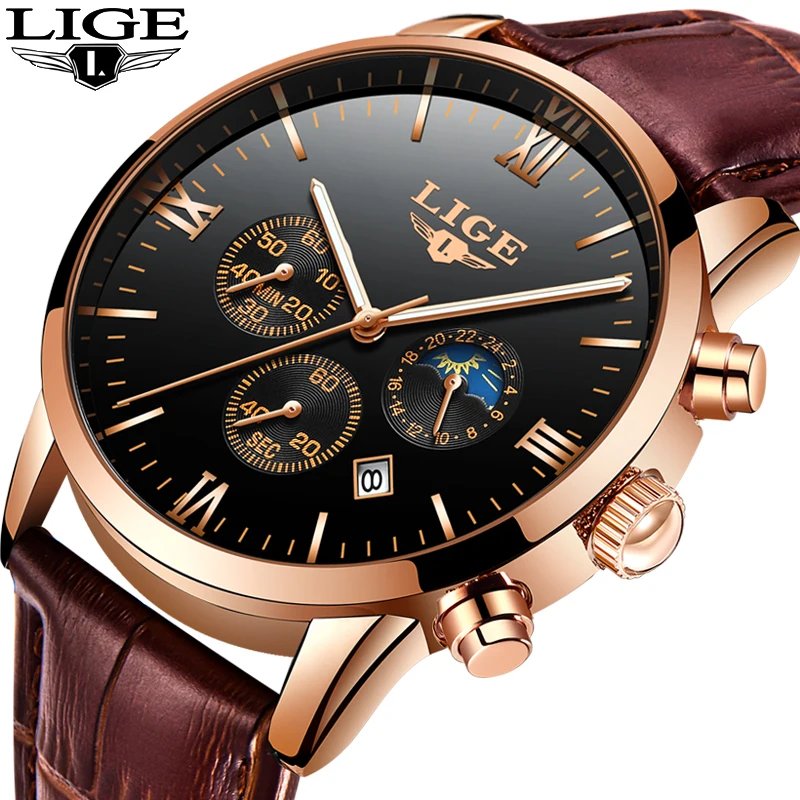 LIGE Mens Watches Top Brand Luxury Fashion Watch Men Leather Quartz Clock For Male Auto Date Rose Gold Shell relogio masculino