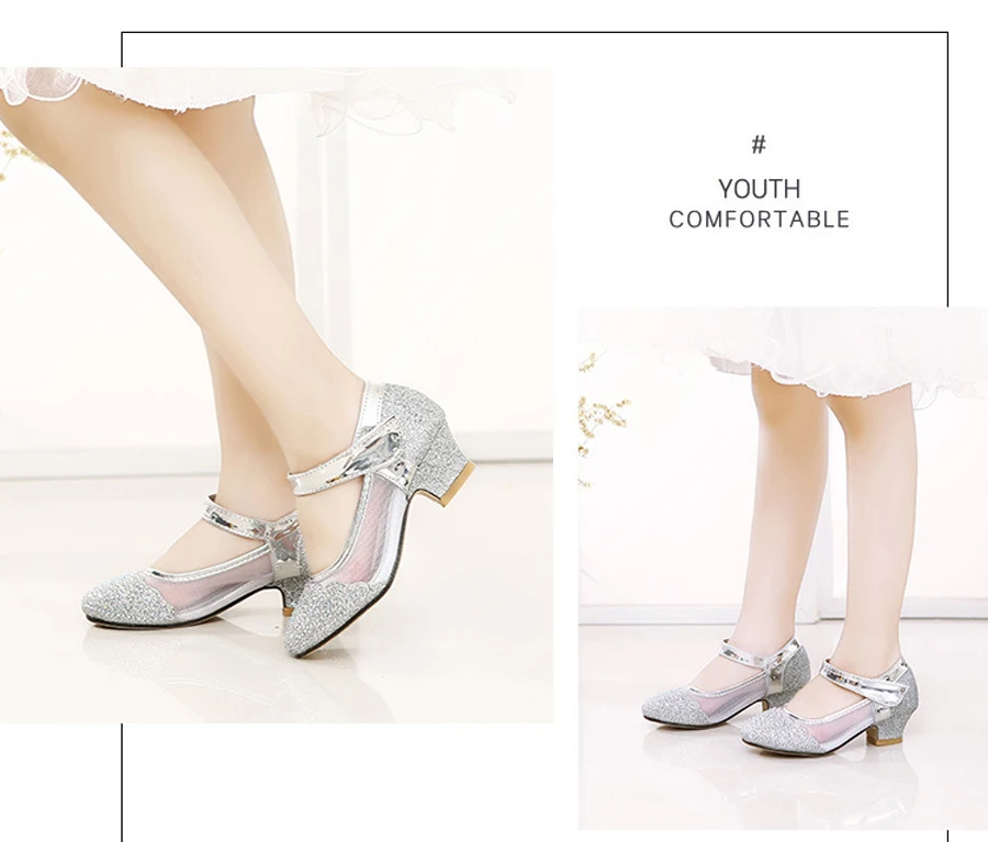 IYEAL принцесса детская кожаная обувь для девочек Цветок Блеск Детей высокий каблук мода маленькие девочки обувь фиолетовый Серебряный