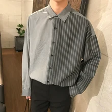Флэш-продажи корейские летние нейтральный Стиль в сдержанном стиле неравномерность стильный Разделение совместное полоса свободную рубашку Для мужчин мужские брендовые модные рубашки