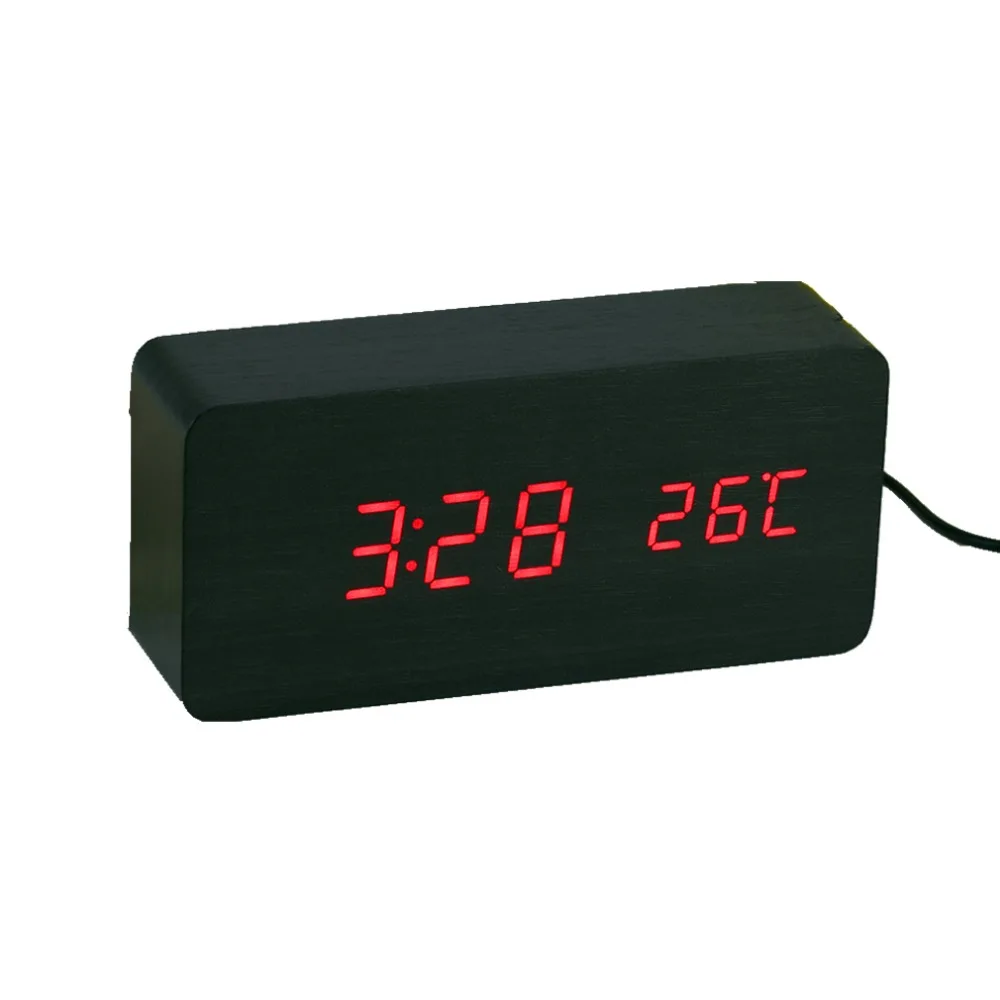 4 Colors Large Size LED Wooden Alarm Clocks with Thermometer Rectangle