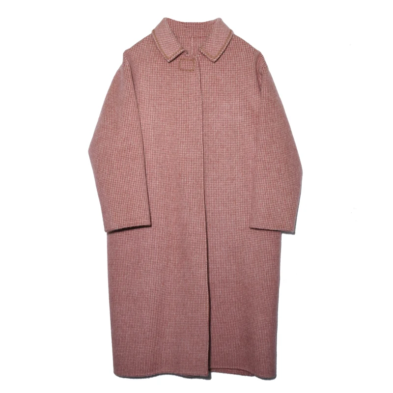 Темно-розовое двустороннее шерстяное клетчатое пальто в стиле ретро Женское шерстяное пальто-трапеция из альпаки высококачественное шерстяное пальто для девочек