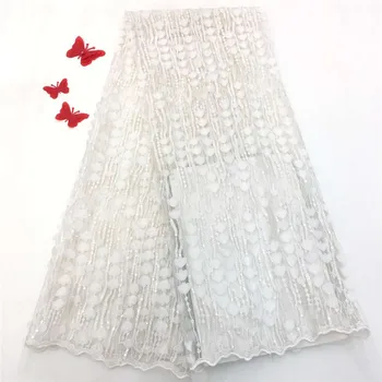 

2019 New arrival African white sequins lace fabric shiny sequined tulle lace fabric for wedding dress bridal gown rof65-1509