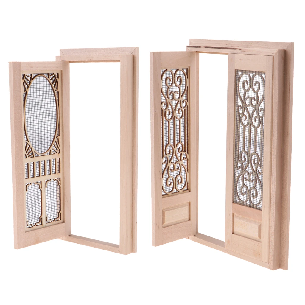 1/12 Dollhouse Miniature Wooden External Hollow Screen Double + Single Door Unpainted Rooms DIY Items
